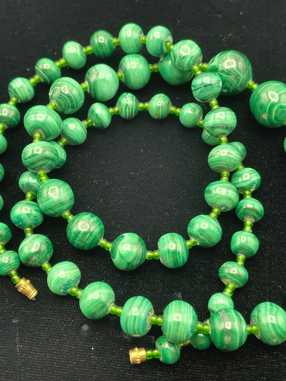 Hand Carved Banded Malachite Graduated Beads Gemstone Necklace 26” Barrel Clasp